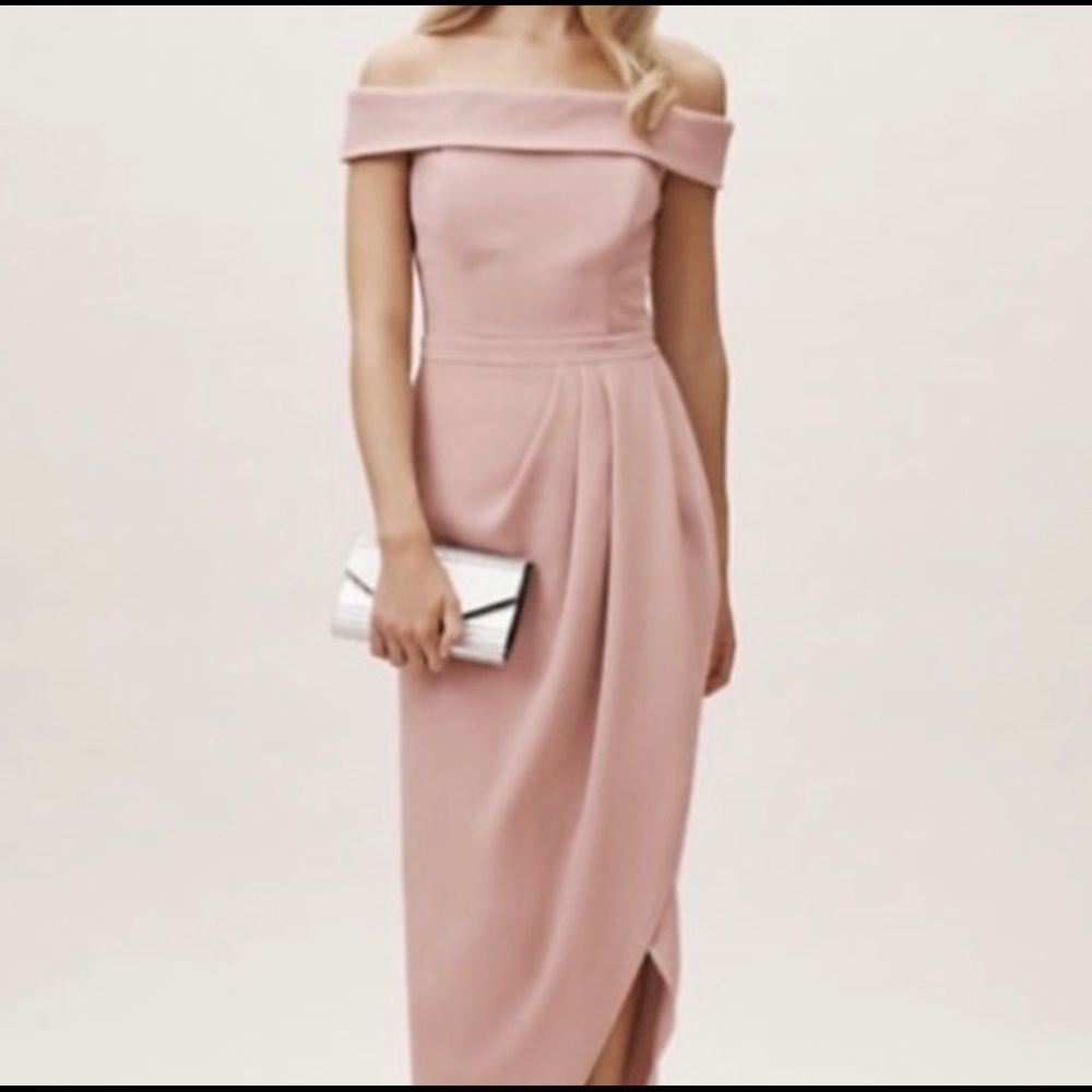 Rose colored, off the shoulder maxi dress from Anthropologie BHLDN.Maid of Honor
